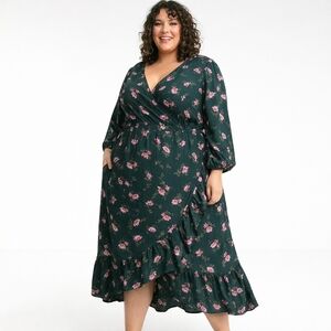 Old Navy Floral Wrap Midi Dress Ruffle Hem Puff Sleeve V-Neck Boho Cottagecore G